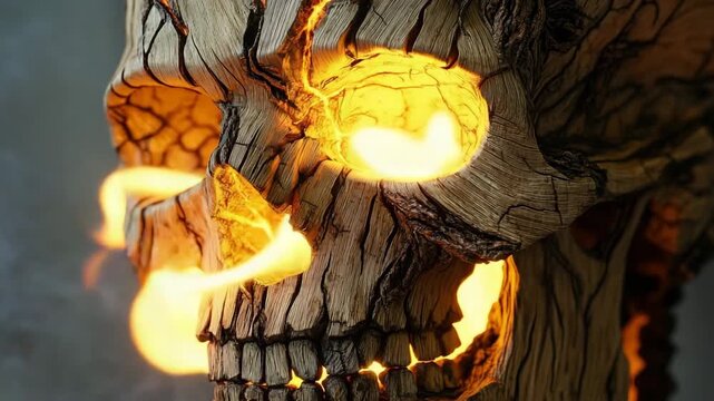 Wooden skull with glowing cracks revealing sunlight in creative display