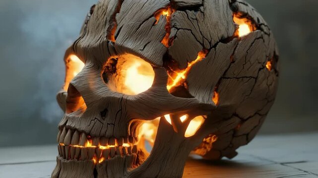 Wooden skull with glowing cracks revealing sunlight in creative display