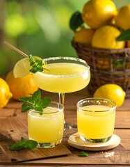 Fototapeta premium Still-life photograph of three refreshing yellow cocktails and ripe lemons, with mint, set against a natural green backdrop