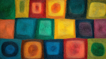 Naive crayon squares and swirl marks in bold vivid layout