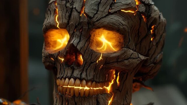 Wooden skull with glowing cracks revealing sunlight in creative display