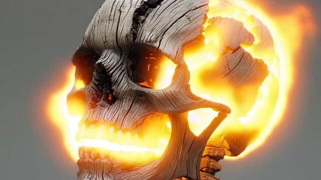 Wooden skull with glowing cracks revealing sunlight in creative display