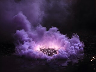 Glimmering purple fog gently surrounds; center area left open for headline or text.