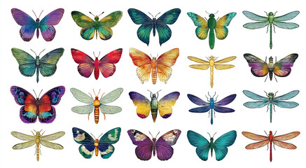 Natural hue vector collection of soft blending butterflies and dragonflies isolated on white background, 72 insects
