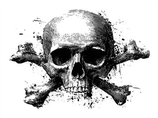 Monochrome etched skull and crossbones, dramatic high-contrast lines, floating on white, 43
