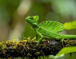 Vibrant green basilisk lizard on a mossy branch, showcasing its elaborate crest against a lush, blurred forest background