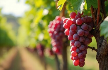 Naklejka premium Red seedless grapes hang on vine with green leaves in a vineyard. Clusters are ripe and juicy with sunlight on them. Blurred background shows more grapevines.