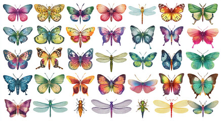 Natural hue vector collection of soft blending butterflies and dragonflies isolated on white background, 72 insects