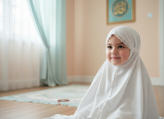Sweet Muslim Little Girl Wearing White Prayer Outfit Indoors with Soft Natural Light
