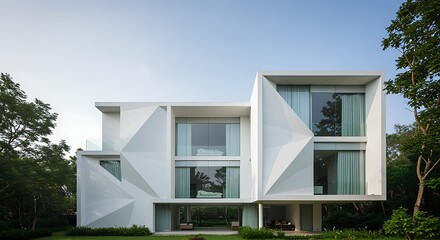 Modern geometric architecture design in white with large glass windows