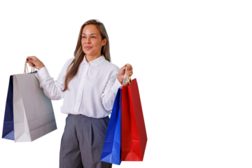 Woman enjoying shopping experience, holding colorful retail bags after buying gifts with a transparent background