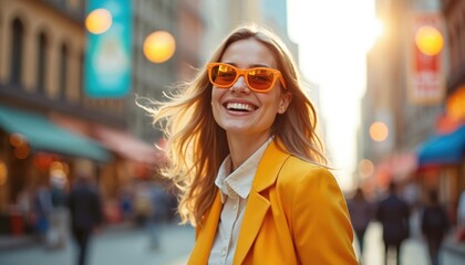 A woman in bright orange sunglasses smiles on a city street. She wears a yellow blazer and her blonde hair blows in the wind. Sunlight shines brightly on her face.