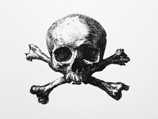 Monochrome etched skull and crossbones, dramatic high-contrast lines, floating on white, 43