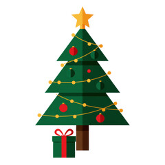 Fototapeta premium Stylized geometric christmas tree illustration with a luminous yellow star, glossy baubles, and a wrapped green gift box, isolated on a transparent background. Concept for modern holiday design