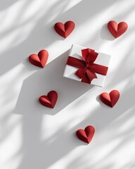 Red heart shapes scattered on a white textured surface in sunlight.