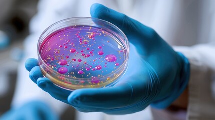 Gloved hands holding a petri dish with colorful bacterial culture in a lab setting.