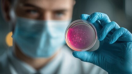 Scientist in mask and gloves examining a red sample in a Petri dish under lab conditions.