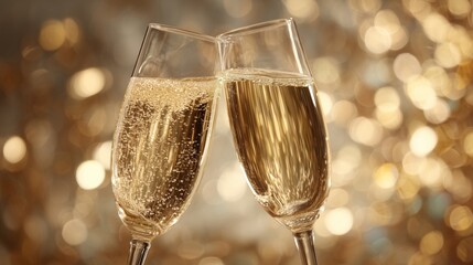 Two champagne glasses clinking amid golden bokeh lights, celebrating a festive occasion.