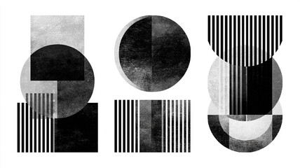 Monochrome minimalist abstract shapes, mid-century stripe patterns, contemporary vector, isolated on white background