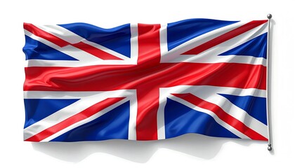 Vivid, slightly crumpled Union Jack flag casting a soft shadow. Red, white, and blue stripes intersect diagonally and horizontally