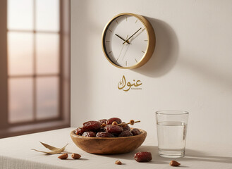 Dates and Glass of Water for Iftar with Wall Clock Symbolizing Ramadan Time