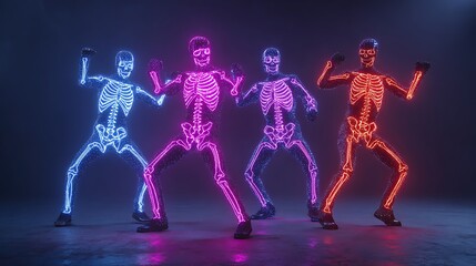 Obraz premium Four Neon Skeletons Dancing in Blue Pink and Orange Light spooky Halloween Photo