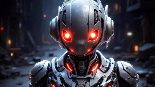 Futuristic robot with glowing red eyes