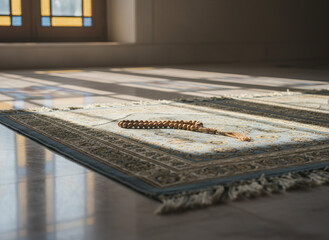 Prayer Beads on Islamic Prayer Rug with Soft Morning Light Inside Mosque