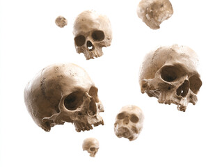 Multiple skulls scattered at different angles, isolated on white, 43