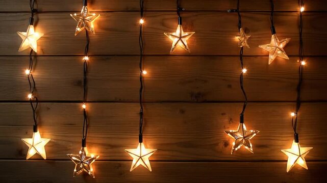 Flickering Christmas star garland on wooden background. AI