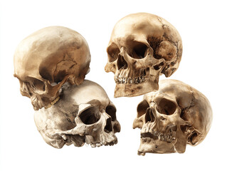 Multiple skulls scattered at different angles, isolated on white, 43