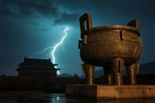 Ancient bronze ritual vessel illuminated by lightning during storm near traditional Chinese architecture - Powered by Adobe