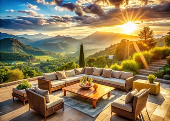 Obraz premium Luxurious Mountain View Sofa & Table - Aerial Photography Stock Photo
