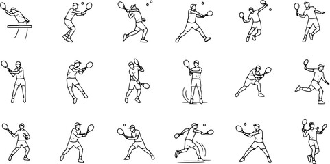 Tennis players outline vector set. Collection of line art illustrations showing various tennis strokes and movements. Sport and recreation icons. © vectorcorp