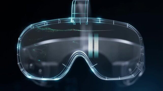 Futuristic transparent wireframe VR headset with pulsing neon glow and dynamic loading animation loop