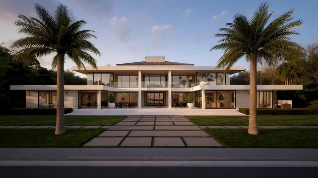Luxury modern villa palm trees large glass windows flat roof driveway tiled entrance tropical architecture evening light