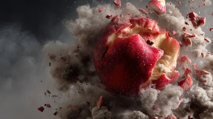 Red apple with water drops resting on the ground, fresh and juicy fruit in a clean natural setting