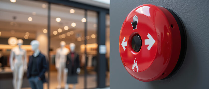 Emergency alarm system in retail store, featuring red button with directional arrows and hand symbol, signaling safety measures