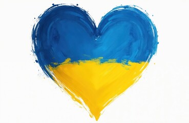 Heart shaped illustration painted in Ukrainian flag colors blue and yellow. Artwork features rough brush strokes splashes ink texture. Support Ukrainian freedom.