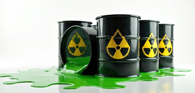 Black barrels marked with radiation symbols leak bright green toxic liquid onto white surface. Hazardous waste spills outward showing danger. Nuclear material threat to environment.
