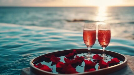 Minimal floating tray with cocktails and scattered petals drifting on calm water during golden sunset symbolizing summer holiday tropical leisure luxury romance, exotic relaxation celebration paradise