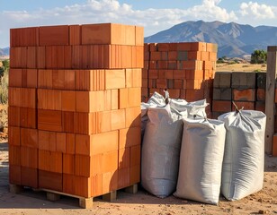 Stacked orange bricks and bags of cement sit outdoors near mountains under a partly cloudy sky