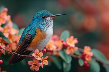 Fototapeta premium Hummingbird Perched on Floral Branch: A captivating hummingbird, showcasing vibrant plumage, gracefully perches amidst delicate flowers on a branch.