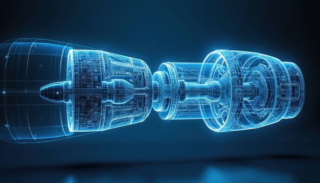 Blue holographic wireframe jet engine shows complex internal parts. Digital design displays advanced aircraft propulsion system. Futuristic tech and engineering blueprint.