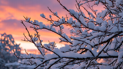 Delicate Snowy Tree Branch Silhouettes Against Sunset Sky