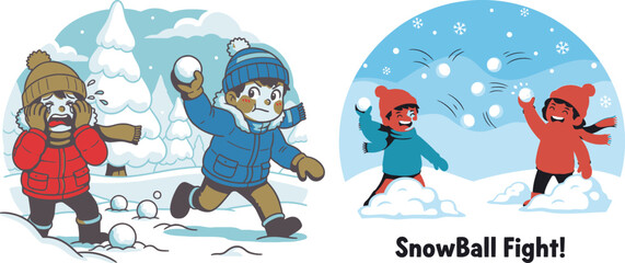 Fototapeta premium Children having fun playing a snowball fight in the snow