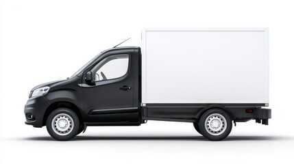 Modern small delivery vehicle, black cab and white box body, isolated on white backdrop, side view