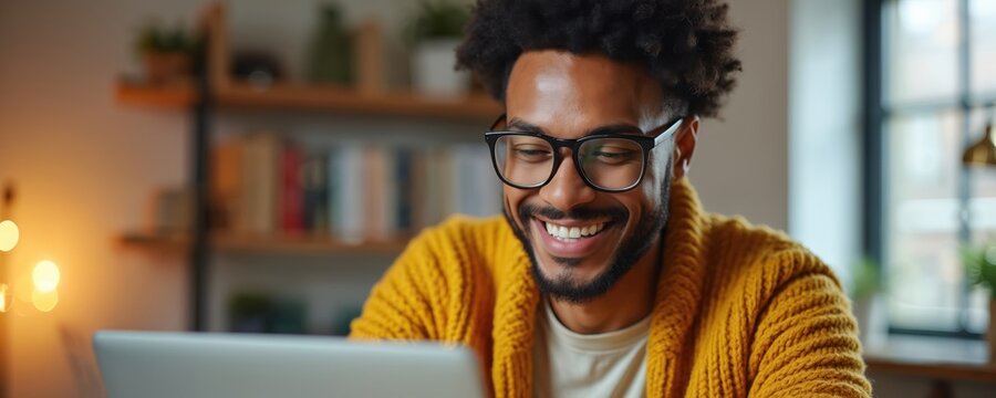 Man with glasses smiles while looking at laptop. He wears yellow sweater, sits at table. Person works remotely from home office. Technology use for communication and business.