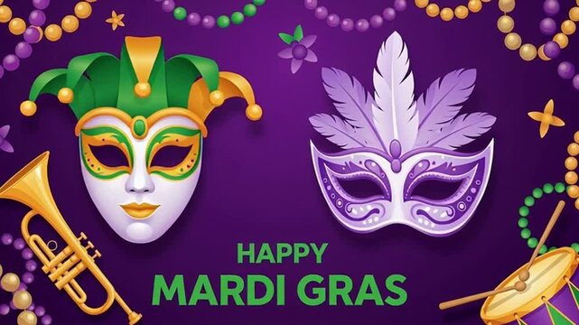 Happy Mardi Gras Celebration With Masks And Musical Instruments