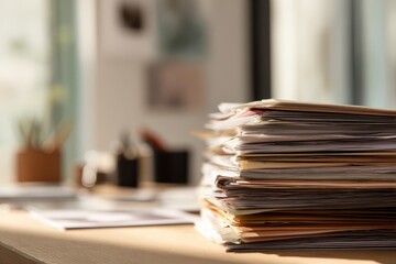 Organized desk clutter featuring documents, reports and magazines under warm daylight